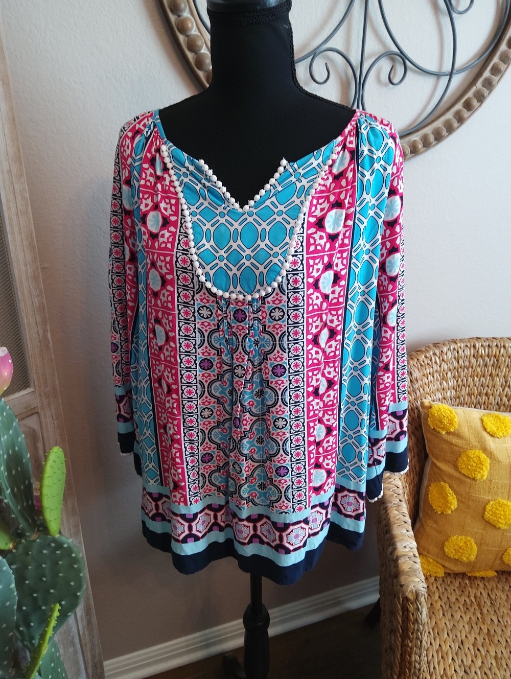 crown & ivy Teal and Pink Boho Print Peasant Tunic